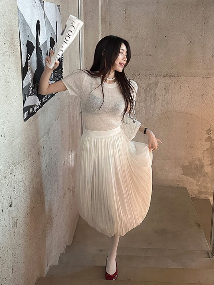 韩国chic夏季复古气质修身显瘦针织上衣+长短两穿褶皱半身裙套装