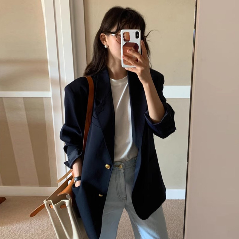 韩国chic秋季小众高级感西装领别致单排扣宽松百搭休闲西服外套女,淘宝优惠券,粉丝福利购,淘宝优惠卷