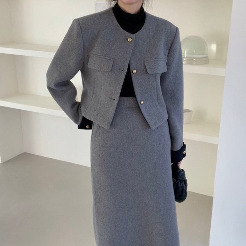 韩国chic复古简约圆领撞色长袖毛呢外套+高腰后开叉半身裙套装女,淘宝优惠券,粉丝福利购,淘宝优惠卷