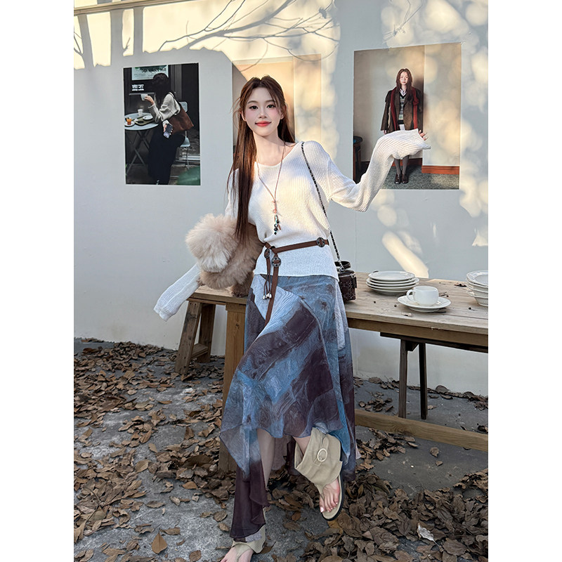 时尚套装纯色连帽针织衫女秋季新款不规则雪纺扎染半身裙两件套,淘宝优惠券,粉丝福利购,淘宝优惠卷