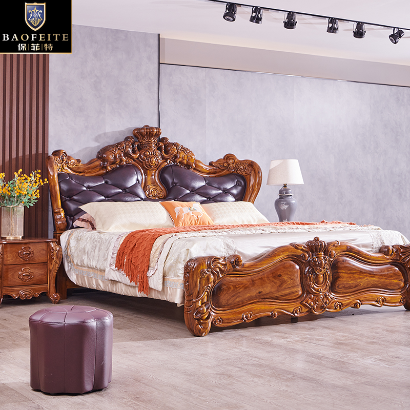 保菲特乌金木欧式大象雕刻双人床实木豪华卧室家具真皮软包大床新 - 图0