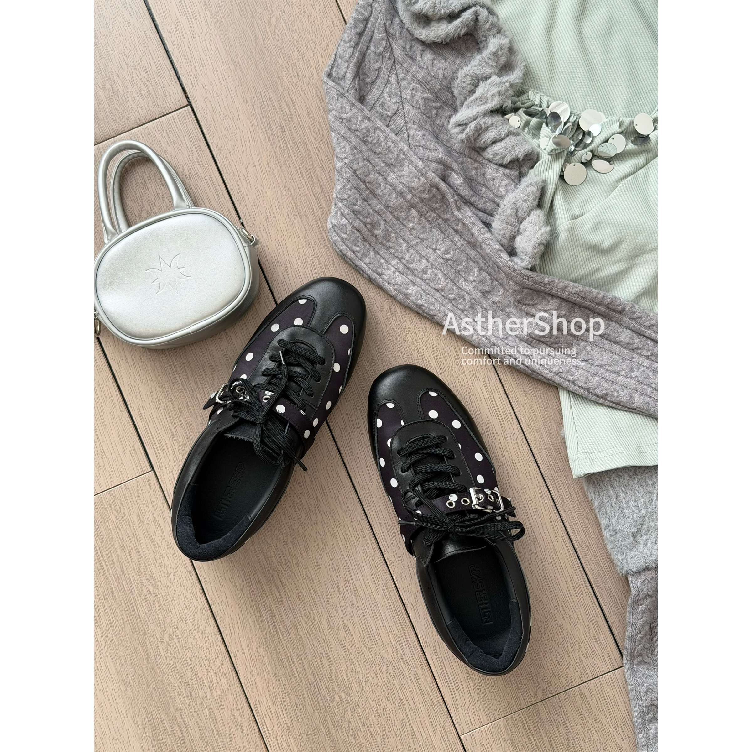 Asthershop原创 波点装饰德训鞋 圆头平底真皮单鞋舒适简约皮鞋女,淘宝优惠券,粉丝福利购,淘宝优惠卷