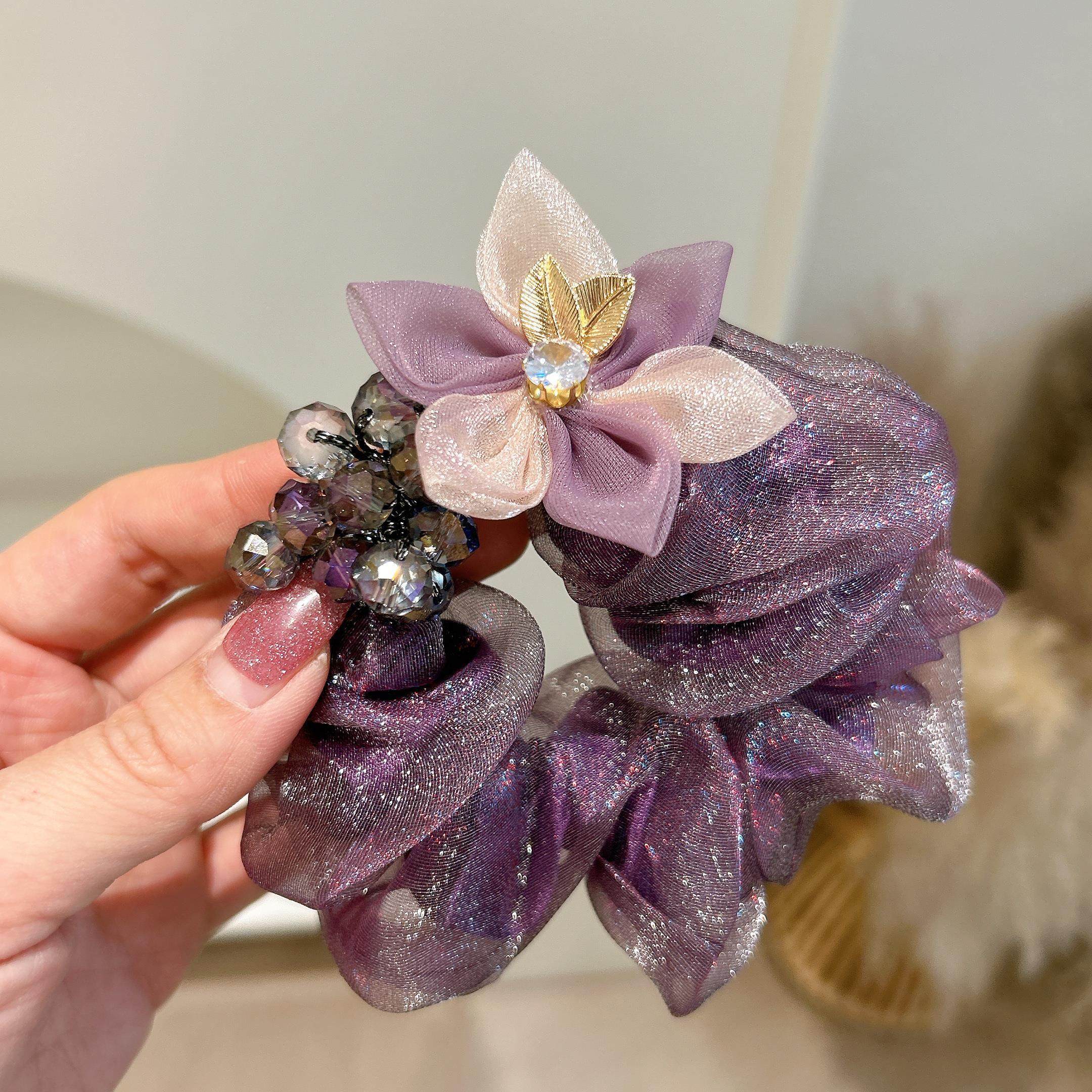 春夏新款欧根纱大肠圈紫色温柔气质花朵头花高级丸子盘发头绳发绳,淘宝优惠券,粉丝福利购,淘宝优惠卷