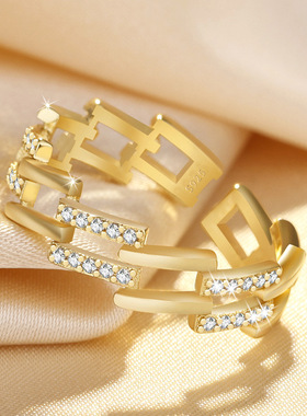 高级感小众戒指女ins 潮轻奢冷淡风双层镂空指环梯形开口手饰女戒