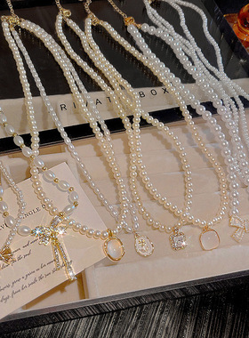 法式复古珍珠镶钻爱心锁骨链