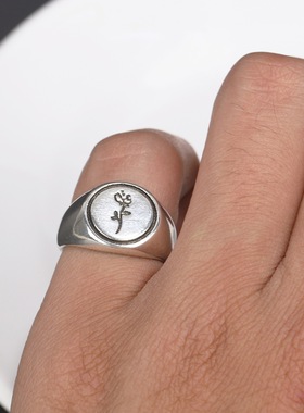 复古暗语拉丝玫瑰花戒指开口男士尾戒小众设计印章指环女ins