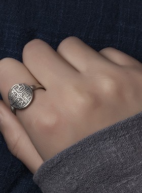 百无禁忌诸事皆宜泰银文艺复古小众个性男女戒指开口指环