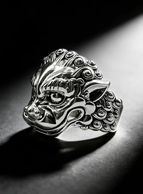 原创设计复古狮子头造型指环貔貅霸气夸张男款泰银醒狮戒指
