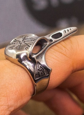 复古北欧维京渡鸦骷髅指南针泰银开口戒指男夸张摇滚大码朋克