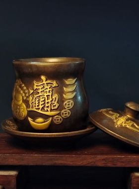 纯铜点金鎏金招财进宝年年有余茶杯茶宠茶道观赏摆件杂项古玩收藏