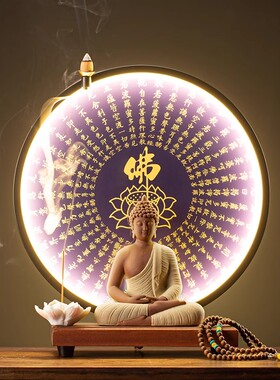 陶瓷释迦摩尼佛大日如来佛像客厅创意玄关禅意装饰画心经灯圈摆件