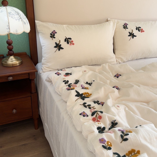 法式少女心 | A类全棉刺绣花四件套纯棉床单被套简约白色床上用品 - 图0