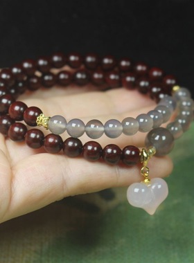 赞比亚紫檀血檀0.6玛瑙爱心佛珠手链女款灰玛瑙文玩饰品念珠手串