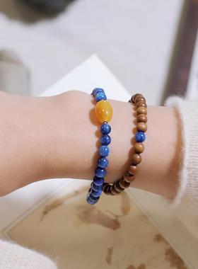 《山岚》老山檀手串双圈女款蓝晶石手链新中式生日礼物原创饰品