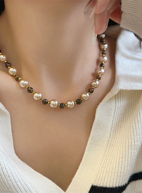 美拉德虎眼石珍珠项链女 新款高级感颈链 轻奢小众复古秋冬毛衣链