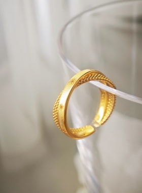 中古星芒双环戒指女2026轻奢高级感指环古法金色食指戒