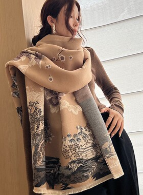 围巾女秋冬中国风百搭加厚仿羊绒空调房披肩护颈围脖外搭保暖两用
