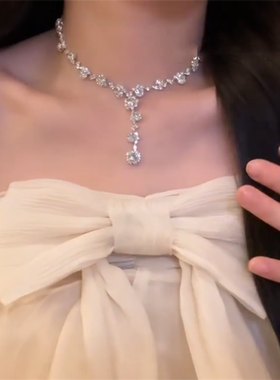 超闪银色满钻流苏项链韩系重工