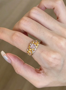 粉爱心金色繁花戒指女小众轻奢