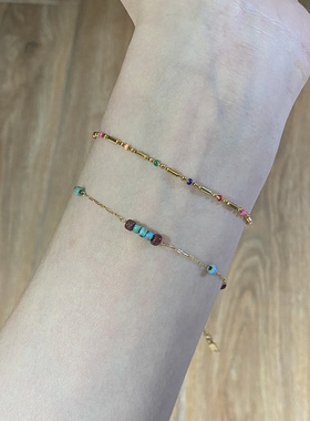 青红撞色金色链条细手链精致小巧