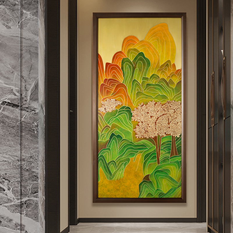 朱炳仁铜壁画 新中式手绘山水琅彩画简约客厅沙发铜雕画墙壁挂画 - 图1