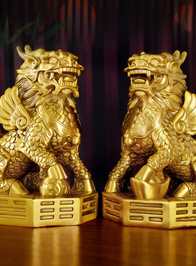 铜八卦镜挂件铜麒麟摆件一对套装办公室家居客厅摆件