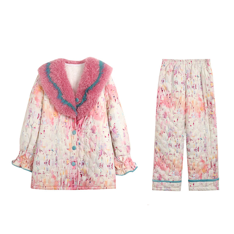 原创撞色毛领三层加厚夹棉睡衣两件套宽松加棉加绒家居服套装冬新,淘宝优惠券,粉丝福利购,淘宝优惠卷