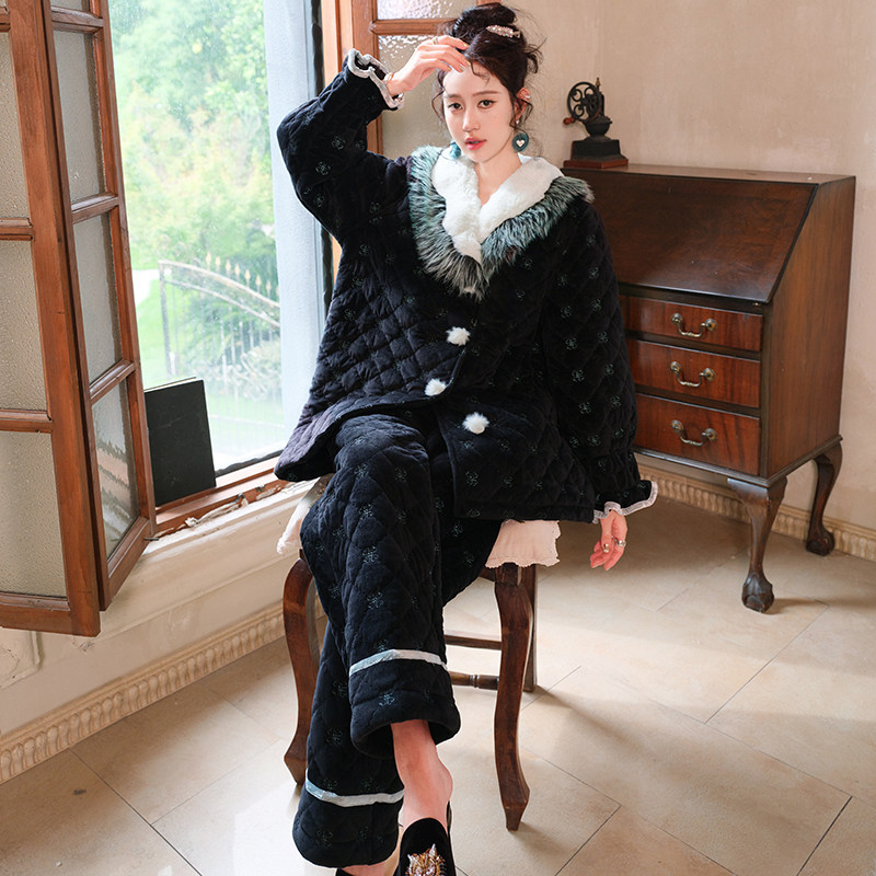 原创薄荷绿女刺绣三层加厚夹棉睡衣两件套宽松加绒家居服套装冬新,淘宝优惠券,粉丝福利购,淘宝优惠卷