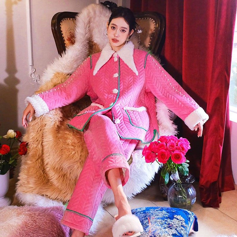 原创设计感珍珠镶嵌三层加厚夹棉睡衣两件套前短后长家居服套装冬,淘宝优惠券,粉丝福利购,淘宝优惠卷