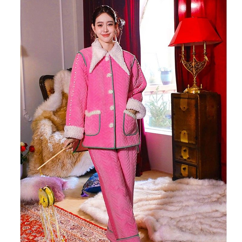 原创设计感珍珠镶嵌三层加厚夹棉睡衣两件套前短后长家居服套装冬,淘宝优惠券,粉丝福利购,淘宝优惠卷