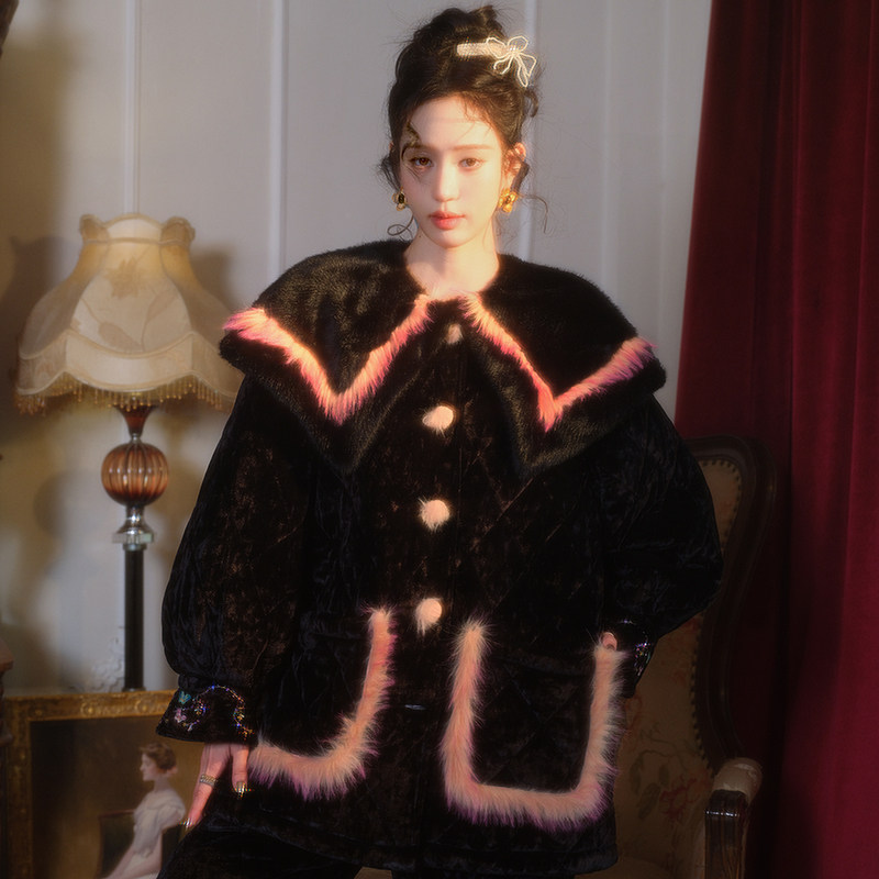 原创大翻领丝绒刺绣三层加厚夹棉睡衣两件套宽松加棉家居服冬新,淘宝优惠券,粉丝福利购,淘宝优惠卷