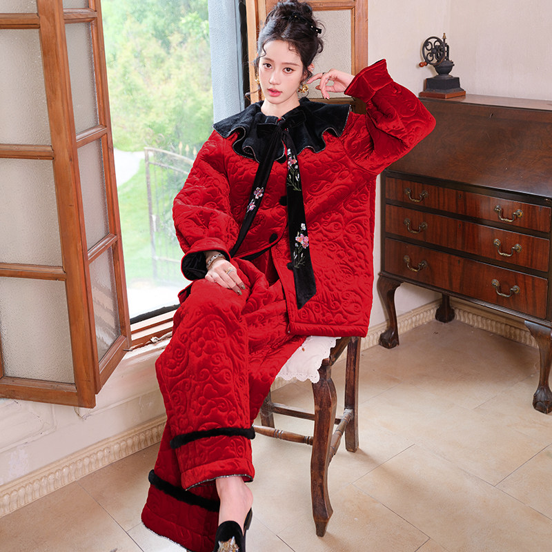 原创新年大红刺绣三层加厚夹棉睡衣两件套宽松加绒家居服套装冬新,淘宝优惠券,粉丝福利购,淘宝优惠卷