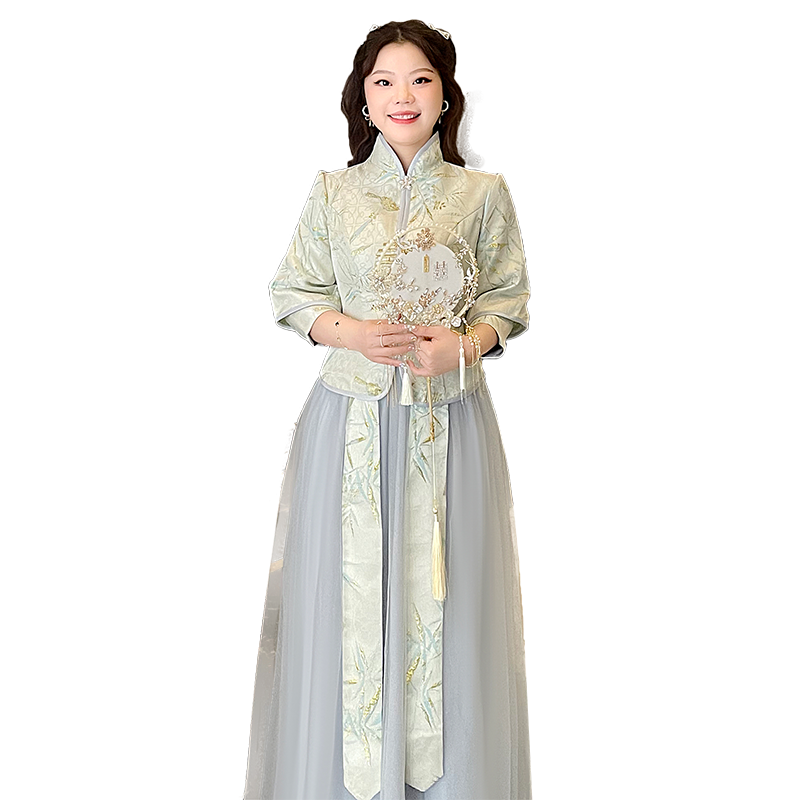中式大码伴娘服2024新款复古中国风长袖秀禾显瘦姐妹服伴娘团礼服