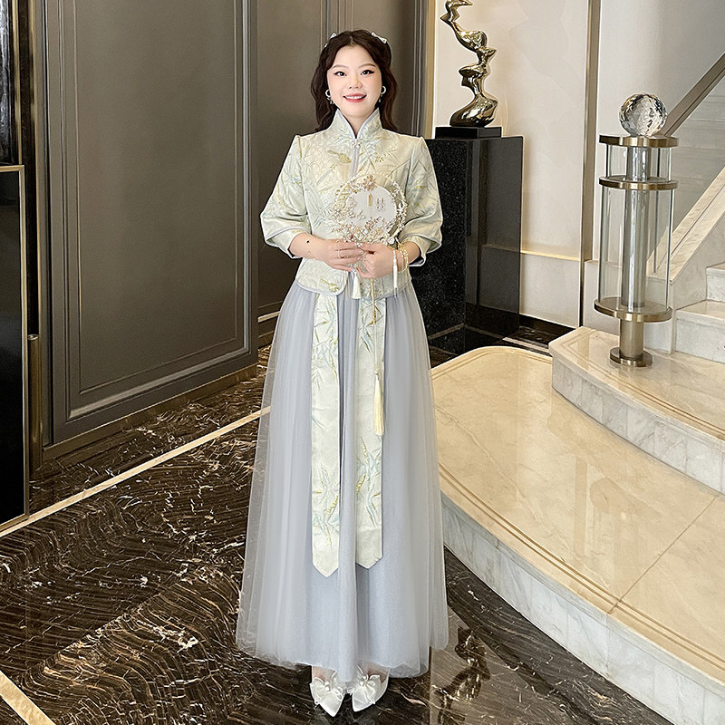 中式大码伴娘服2024新款复古中国风长袖秀禾显瘦姐妹服伴娘团礼服