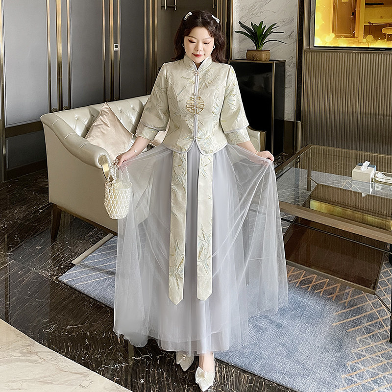 中式大码伴娘服2024新款复古中国风长袖秀禾显瘦姐妹服伴娘团礼服
