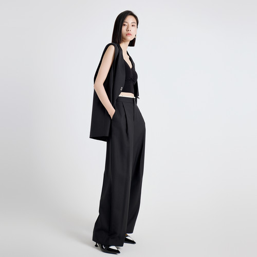 婉甸2025年秋季新品黑色条纹阔腿裤1243P02DZ1 - 图0