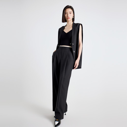 婉甸2025年秋季新品黑色条纹阔腿裤1243P02DZ1 - 图2