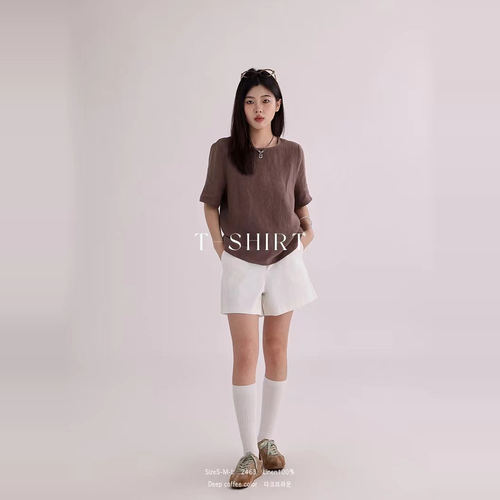 韩版 夏季新款全麻女装短袖 2463休闲百搭简约宽松透气亚麻女T恤 - 图0