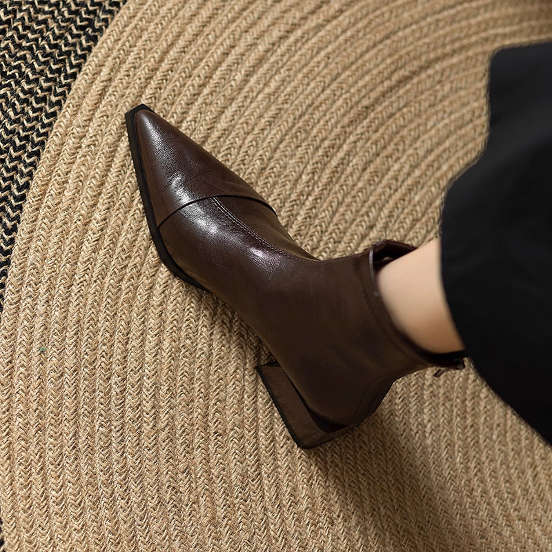 2025秋冬新款法式复古羊皮短靴英伦尖头粗跟马丁靴弹力气质瘦瘦靴,淘宝优惠券,粉丝福利购,淘宝优惠卷