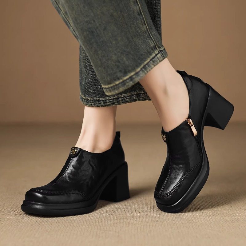 复古英伦深口单鞋女气质显瘦百搭小皮鞋棕色粗高跟小个子乐福鞋女,淘宝优惠券,粉丝福利购,淘宝优惠卷