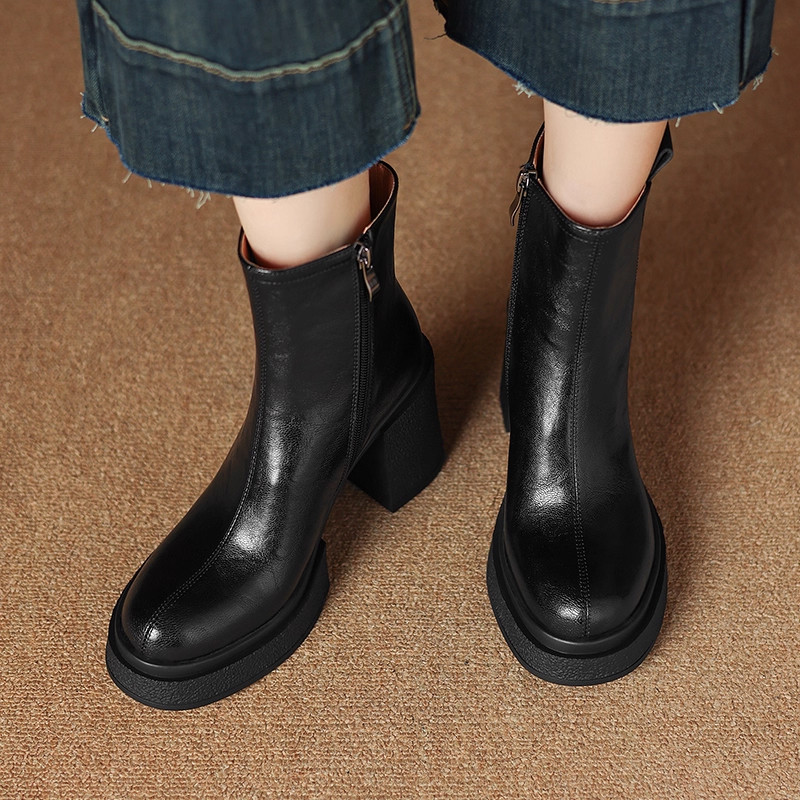 2025秋冬新款真皮粗跟防水台靴子英伦风厚底高跟短靴小个子马丁靴,淘宝优惠券,粉丝福利购,淘宝优惠卷