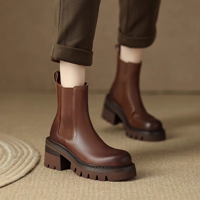 擦色皮厚底烟筒马丁靴女2024新款复古圆头切尔西真皮粗跟高跟短靴,淘宝优惠券,粉丝福利购,淘宝优惠卷
