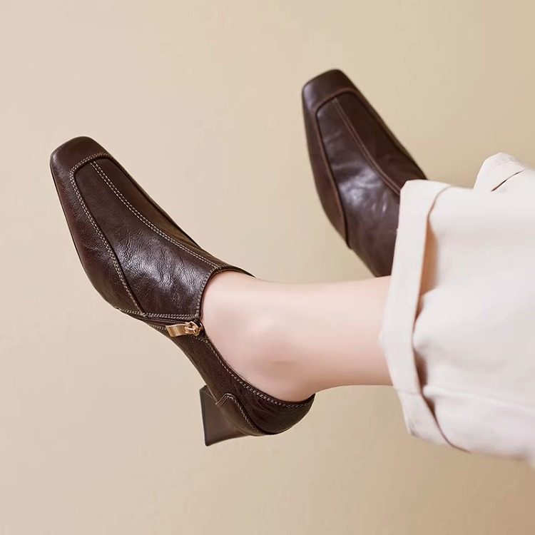 法式复古深口粗跟高跟鞋女2025新款侧拉链真皮方头单鞋软底小皮鞋,淘宝优惠券,粉丝福利购,淘宝优惠卷