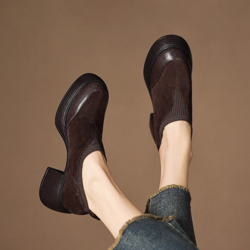 圆头粗跟深口单鞋女一脚蹬拼接厚底高跟乐福鞋小个子英伦风小皮鞋,淘宝优惠券,粉丝福利购,淘宝优惠卷