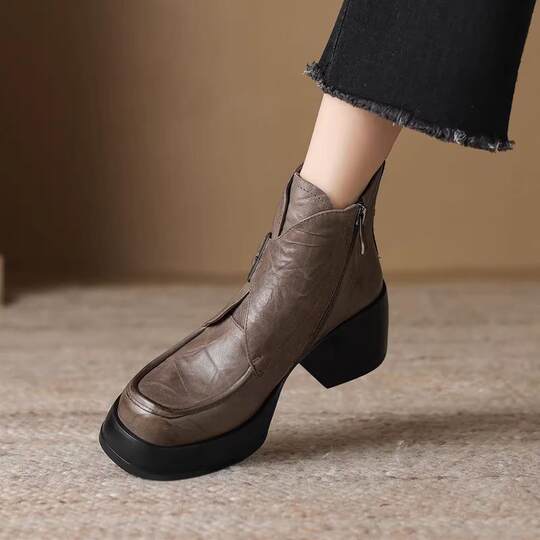 Small thick sole round toe chunky heel short boots