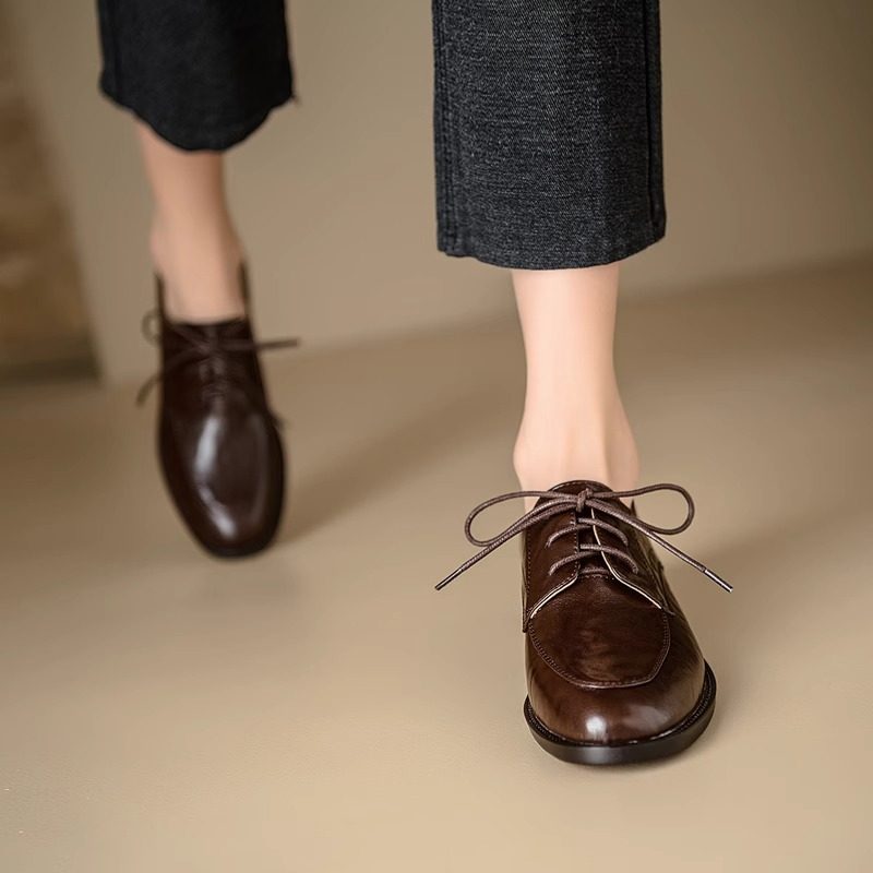 英伦风复古系带小皮鞋女低跟圆头真皮深口新款单鞋软皮棕色乐福鞋,淘宝优惠券,粉丝福利购,淘宝优惠卷