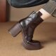 Brown British retro genuine leather thick-soled ankle boots with waterproof platform