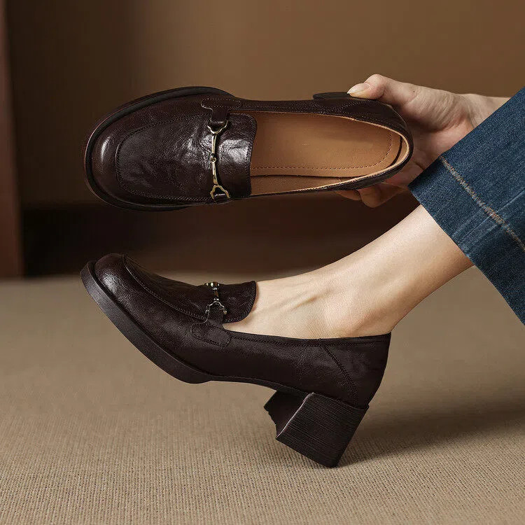 英伦复古风真皮乐福鞋女圆头粗跟一脚蹬小皮鞋百搭日常通勤单鞋女,淘宝优惠券,粉丝福利购,淘宝优惠卷