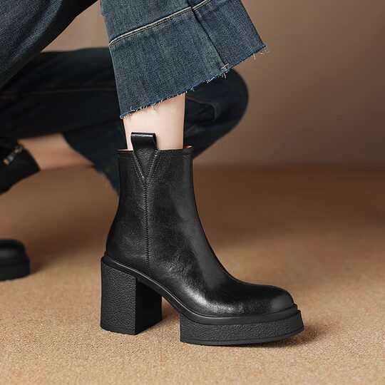 Brown British retro genuine leather thick-soled ankle boots with waterproof platform