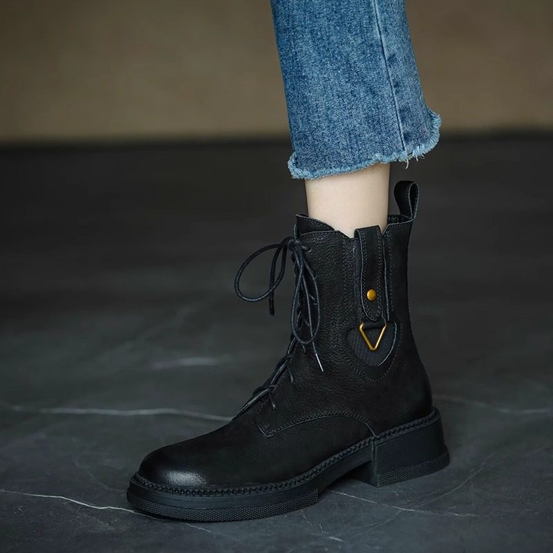 甜酷~英伦风粗跟复古风圆头马丁靴女棕色系带皮带扣金属秋冬短靴,淘宝优惠券,粉丝福利购,淘宝优惠卷